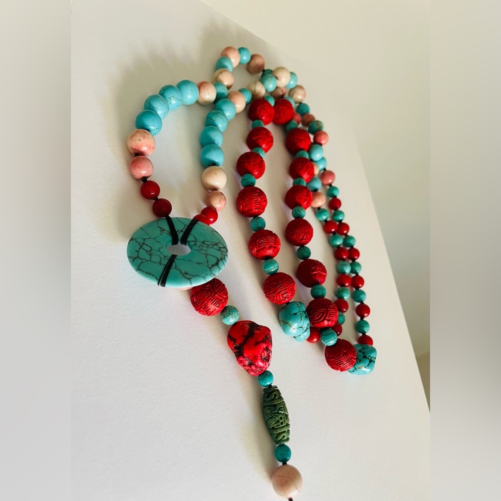 Knotted Beaded Necklace in Turquoise, Cinnabar & Peach Stones, mala style - Picture 2 of 7